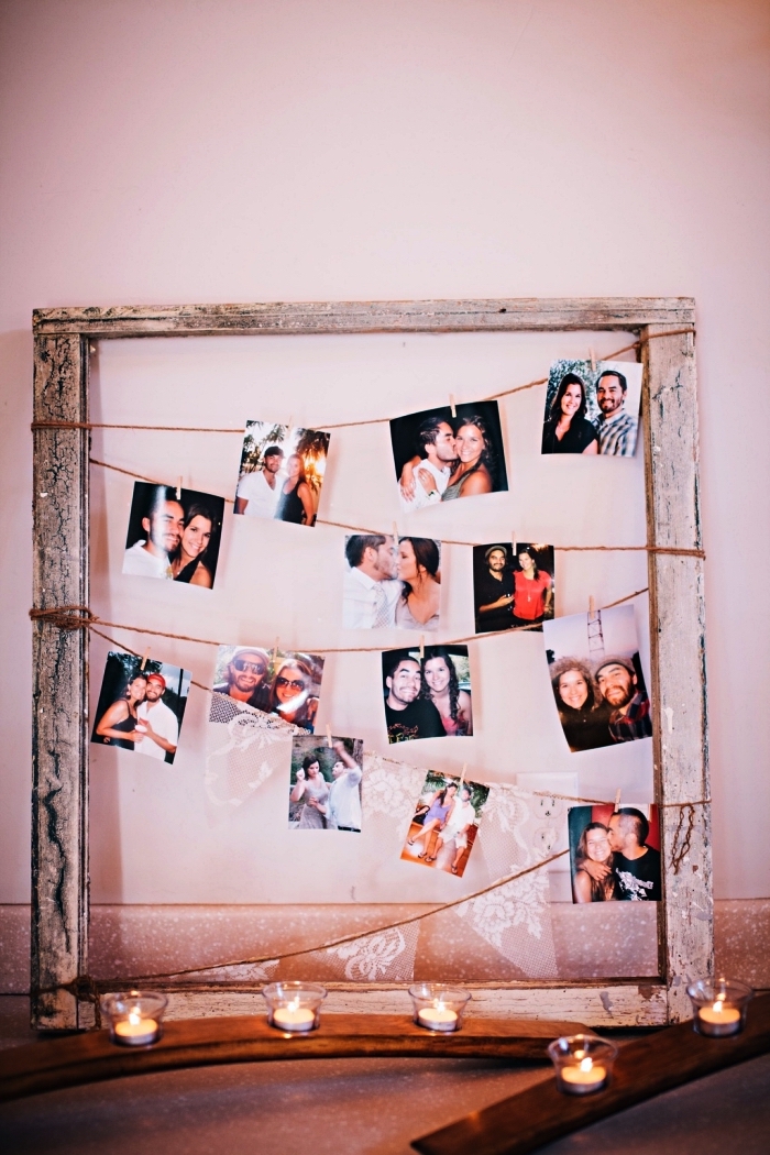 cadre multi photo en bois récup d'aspect vieilli, pêle-mêle avec pinces à linge, décoration de mariage à faire soi-même