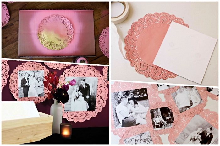 bricolage adultes facile, napperons peints rose transformés en cadres photos vintage, déco murale avec napperons ronds