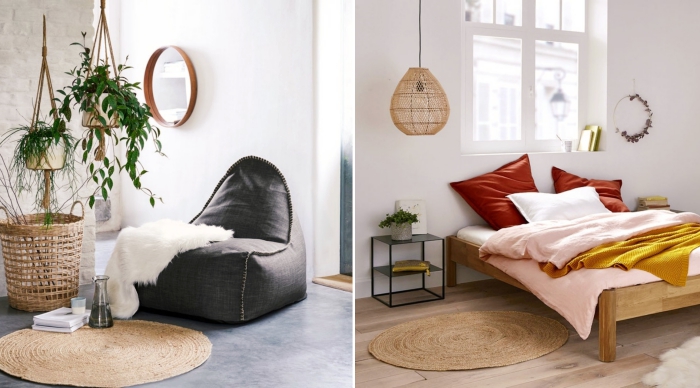 accessoire déco tendance 2019, modèle de tapis rond en fibre naturelle, décoration chambre à coucher avec accents couleurs chaudes