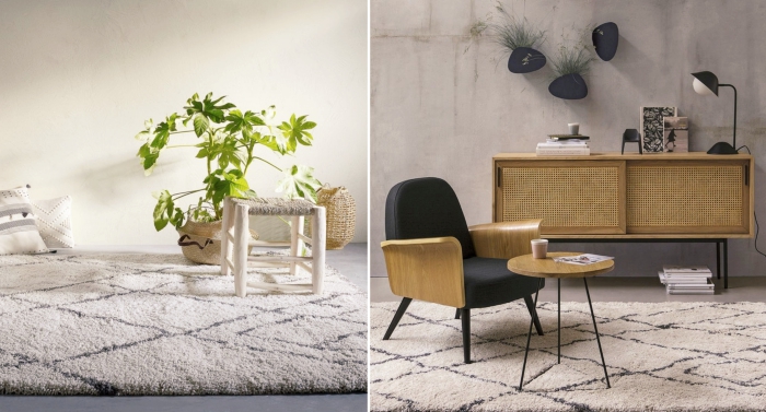 quel tapis pour un salon moderne, décoration salon contemporain aux murs béton avec meubles bois et noir mat