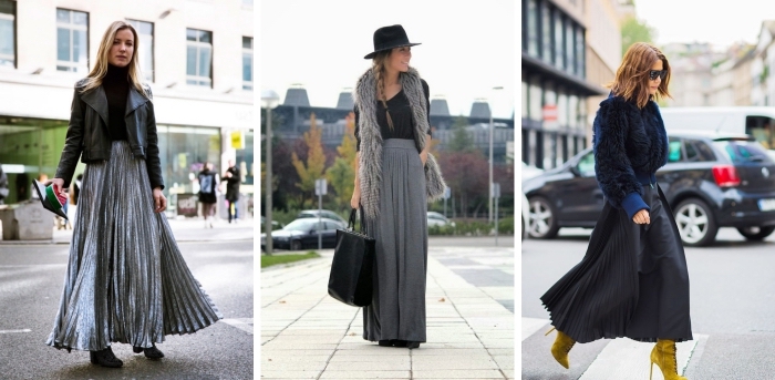 idée comment porter une jupe longue fluide, style vestimentaire femme au bureau en noir et gris avec jupe longue et veste cuir courte