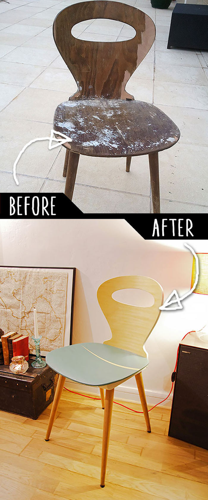 Vieux chaise transformé en cool chaise, photo avant et après, relooking meuble, quelle peinture pour repeindre un meuble en bois