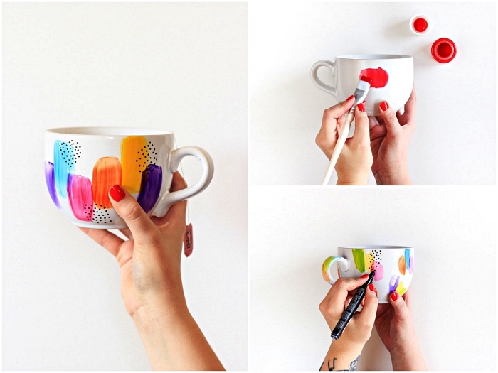relooker ses tasses à café blanches en quelques coups de pinceaux grâce à la peinture céramique, mug personnalisé à dessin abstrait multicolore