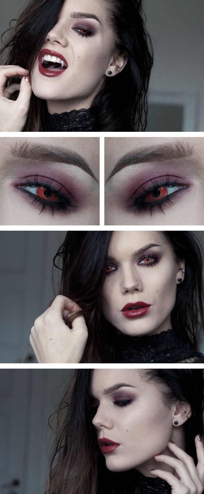 comment réaliser un maquillage halloween vampire, technique maquillage facile façon vampire avec bouche rouge et yeux sombres