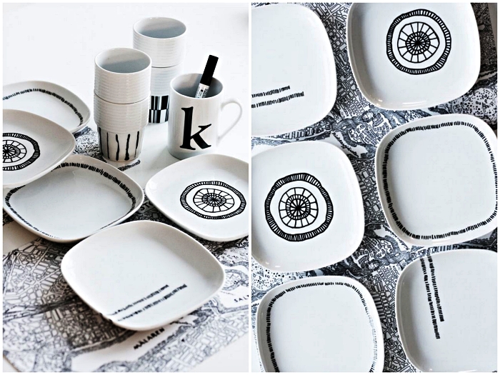customiser sa vaisselle avec du feutre porcelaine, assiettes graphiques en noir et blanc décorées au feutre à porcelaine