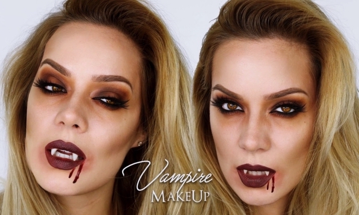 exemple de maquillage vampire femme pour Halloween, technique contouring visage facile avec fond de teint pale et poudre bronzante