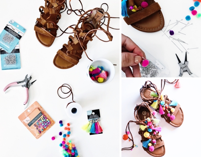 Sandales brunes en cuir custom avec pompons colorés, comment customiser ses sandales romaines pour les faire à son propre gout