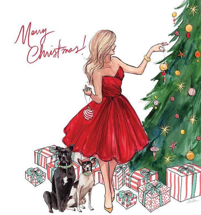 Joyeux Noël carte dessiné, fille en robe rouge bustier, ornements déco sapin de noel, pere noel dessin pour débutant, apprendre à dessiner facilement