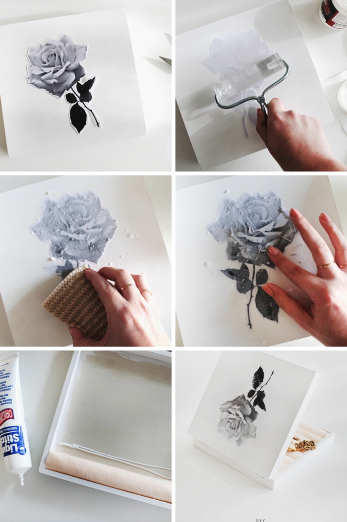 comment réaliser une boite a bijoux fille à design floral, loisir créatif, tutoriel transfert photo sur boîte en bois blanche