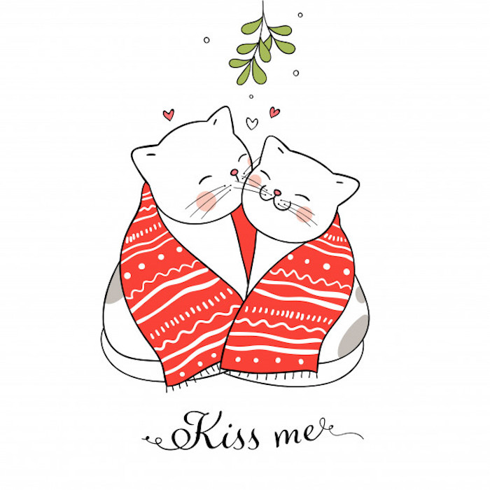 Deux chats adorables avec une écharpe rouge et blanc, dessin pere noel, coloriage noel pour enfants et grands, dessin de noel facile en couleur