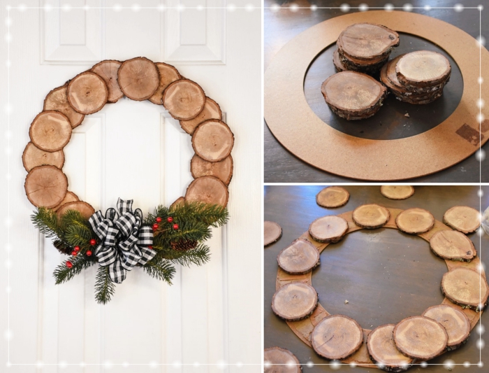 décorations de noël à faire soi même, modèle de couronne de Noël DIY fabriqué avec anneau et rondelles de bois