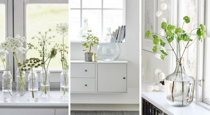 Trois options de décoration avec vase transparente en verre dans une maison scandinave, dame jeanne verre, comment décorer la salle de séjour