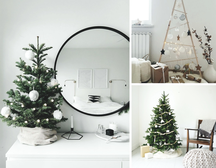 DIY sapin de noel en bois fabriqué avec bâtons en bois en forme triangulaires, décoration scandinave pour Noël avec pompons blancs