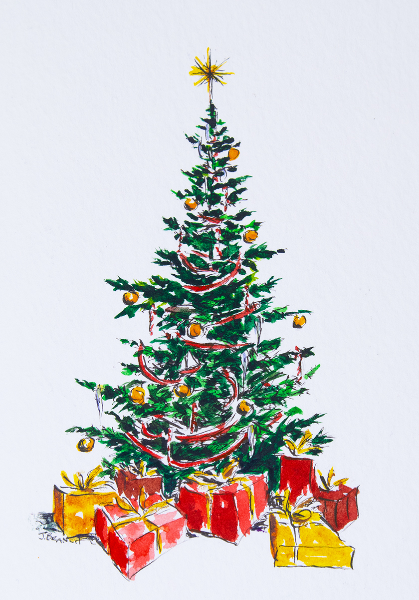 Sapin de Noël dessin coloré, idée peinture aquarelle carte de voeux noel, apprendre a dessiner, idée dessin noel cool et facile à apprendre