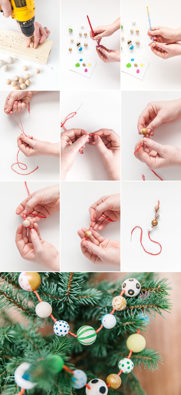 pas à pas pour réaliser une guirlande de Noël en perles de bois, decoration noel a faire soi meme avec perles de bois