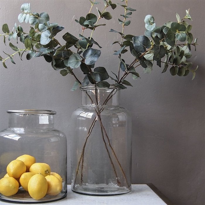 Grand bocal avec citrons et une decoration vase dame jeanne, idée diy avec vase en verre décorative avec branches vertes