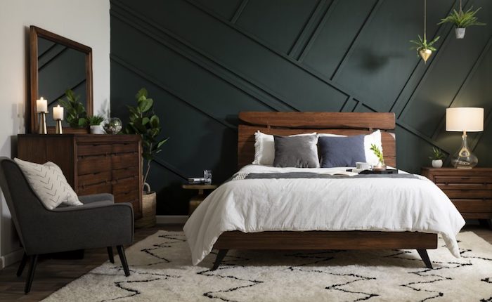 Couleur gris anthracite et blanc, murs en deux couleurs, bois mobilier, cosy chambre à coucher couleurs