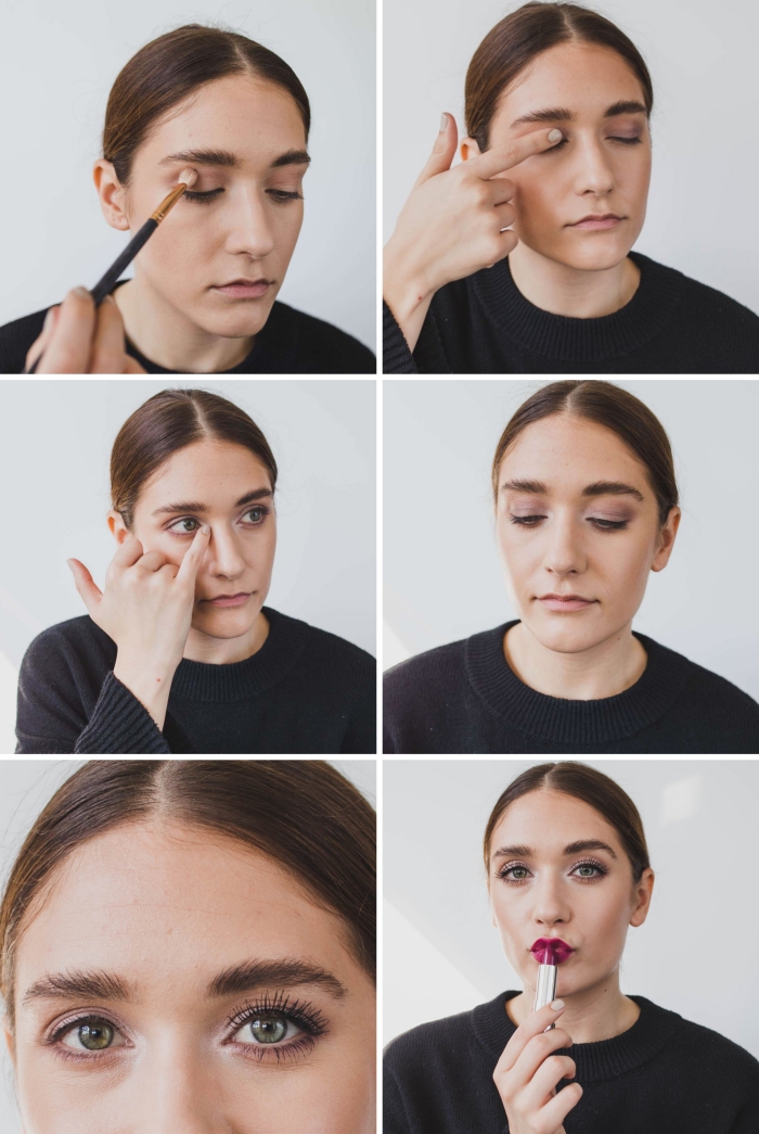 étapes à suivre pour réaliser un maquillage facile aux lèvres rouge foncé, apprendre a se maquiller les yeux facilement