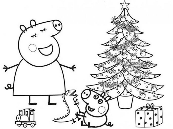 Peppa Pig Noël coloriage autour le sapin décoré joliment, enfant jouets, dessin de noel facile, le plus beaux dessin a faire soi meme 