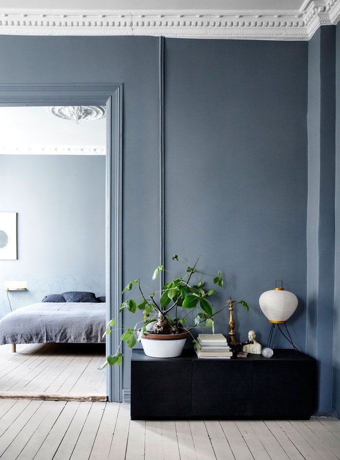 Intérieur couleur grege, moderne intérieur nordique en gris et blanc, salon qui donne à la chambre à coucher, plantes vertes 