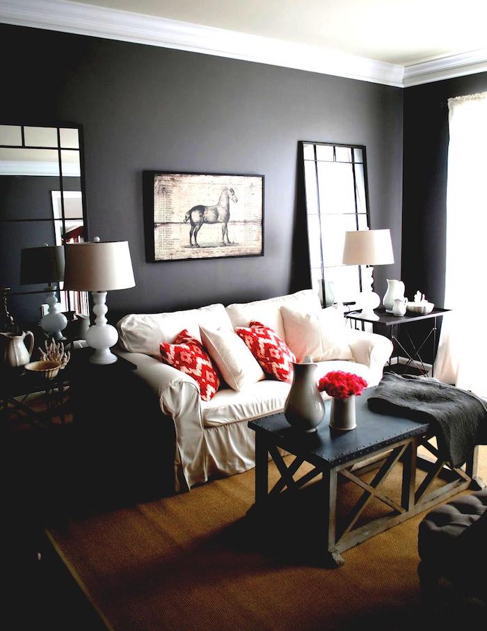 Canapé blanche style rustique, intérieur chambre gris foncé et blanc, idée comment décorer sa chambre
