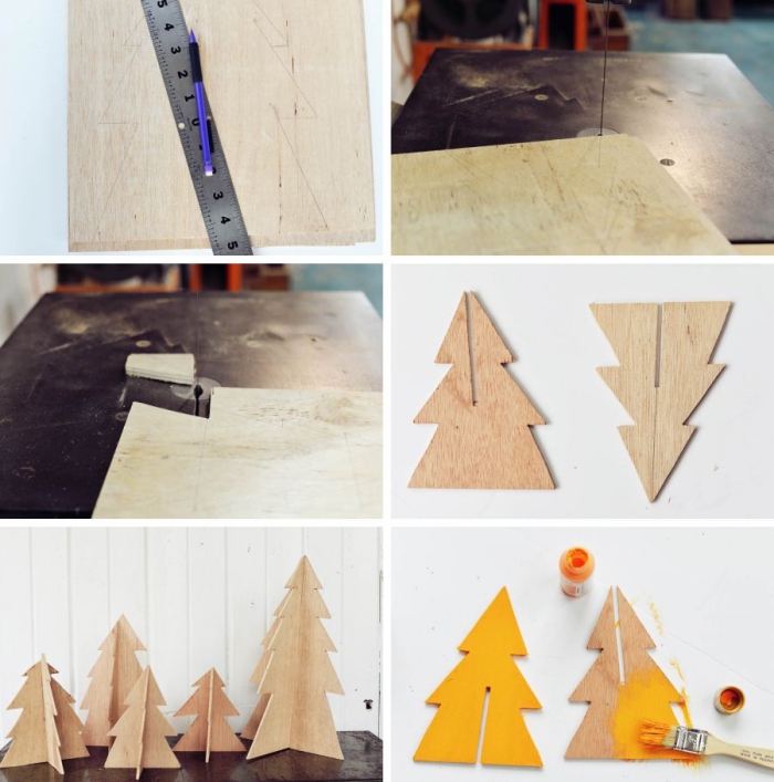 pas à pas pour découper des sapins sur contreplaque de bois, modèles d'arbre de noel en bois de style minimaliste