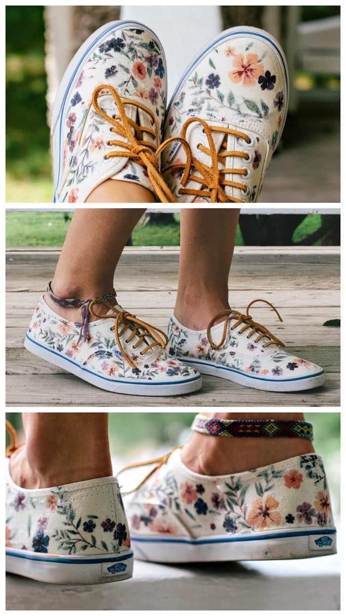 Fleurs en peinture blanche, basket peinture chaussure, créer son propre paire de chaussures personnalisées 