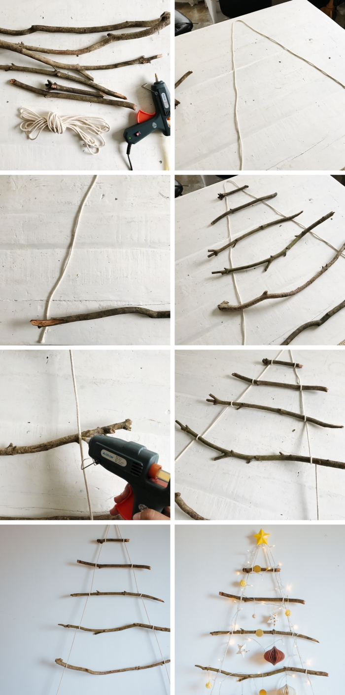 étapes à suivre pour réaliser une deco de noel en bois, pas à pas fabrication de suspension murale en forme sapin