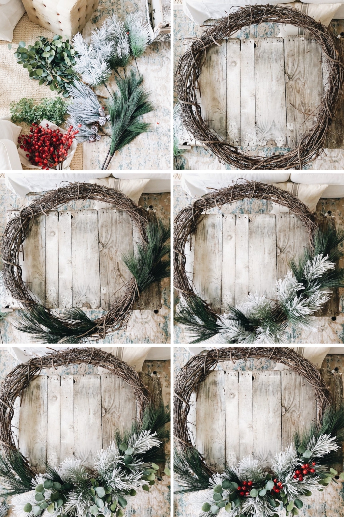 décoration de noel à fabriquer soi meme, modèle de couronne de Noël fait maison avec branches séchées et fausses baies 