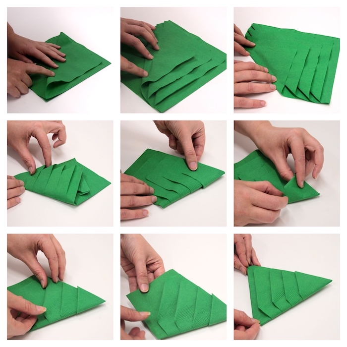 deco de noel a faire soi meme, pliage de serviette sapin de noel avec serviette de papier vert