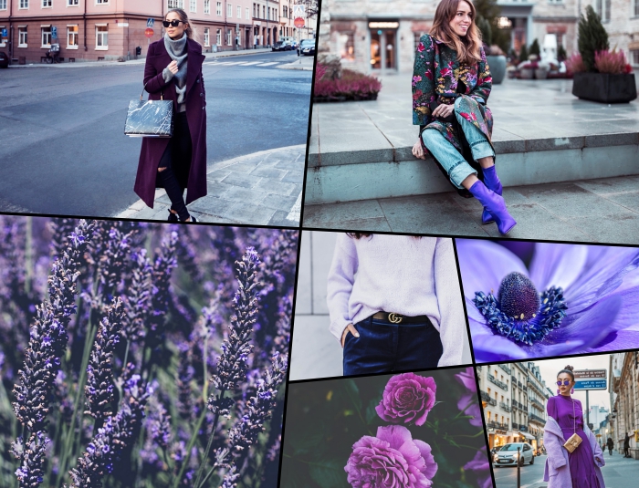 nuances de violet dans la tendance hiver 2020, paire de chaussures à talons de nuance violet, modèle de manteau long femme de couleur violet foncé