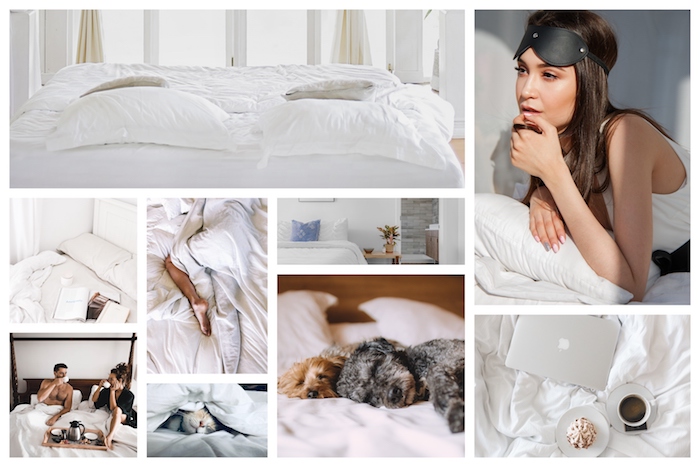 Le confort de son lit, comment choisir le plus confortable matelas, collage de photos au lit