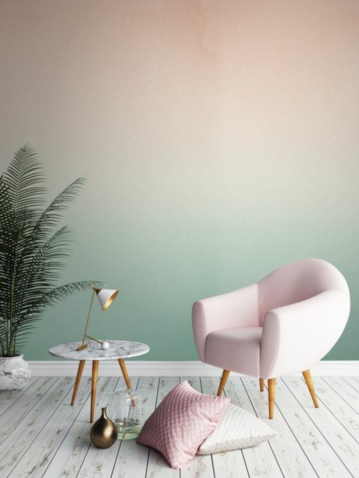 Ombré effet sur le mur vert à rose, petit fauteuil rose bébé, couleur chambre adulte, inspiration couleur peinture chambre et déco stylée, plante verte