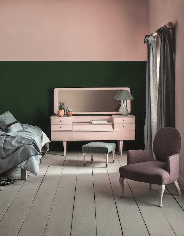 Vert et rose couleur mur chambre, idée peinture chambre à coucher, vintage décoration meubles originaux