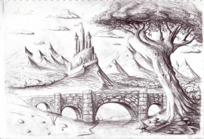 exemple de dessin de paysage facile à reproduire à l'aide de la technique d'ombrage, dessin au crayon sur papier