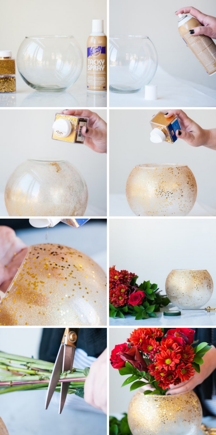 tutoriel comment personnaliser un vase avec peinture glitter de nuance dorée, idee deco table de noel à faire