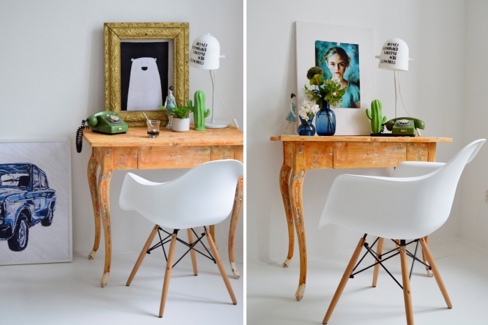 modèle de bureau fait maison avec un table bois recyclée, déco chambre blanche avec meubles en bois recup