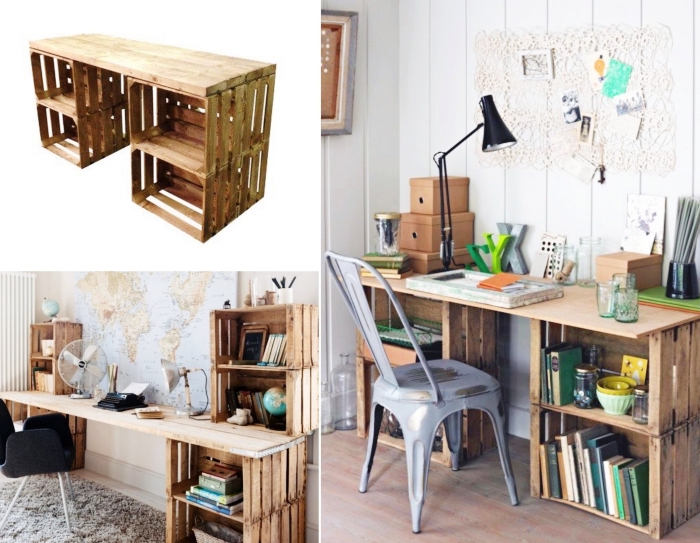 bureau fait maison avec cagette bois, idée comment créer un bureau en bois facile avec cagette et planche de bois