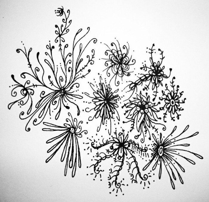 quels motifs faciles à dessiner au crayon sur papier, idée de dessin débutant avec fleurs en lignes volutes