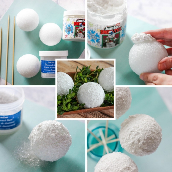 idee deco noel a faire soi meme, pas à pas comment faire des boules de neige avec forme de polystyrène et brochettes en bois