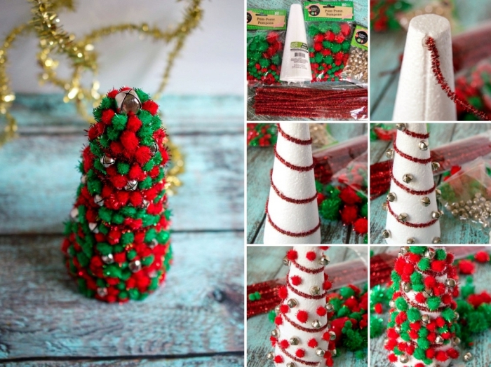 idée déco de table à faire soi même, modèle de mini arbre de Noël fait en cône polystyrène décoré avec pompons