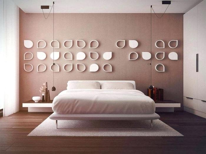 Rose et beige chambre à coucher adulte, tapis blanc, idée chambre deco moderne couleurs vives