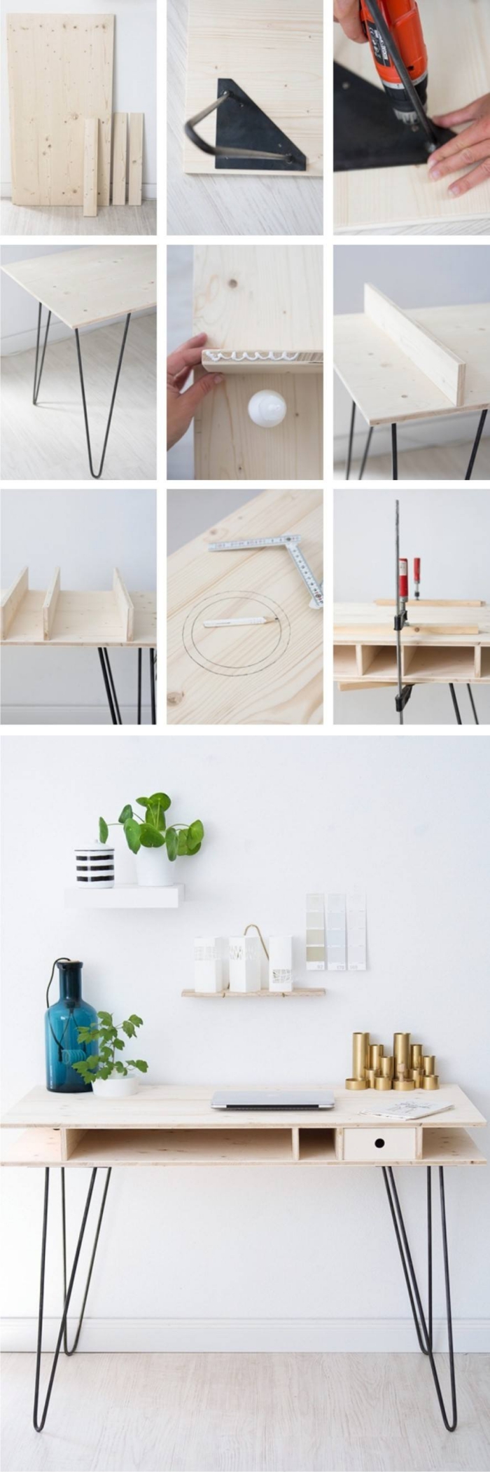 étapes à suivre pour réaliser un diy bureau en bois avec pieds en métal noirci, tutoriel bricolage de bureau moderne