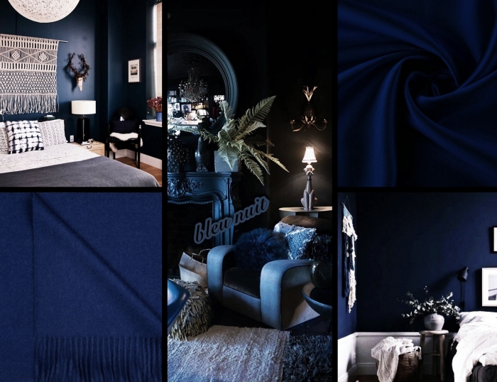comment décorer une chambre bleu nuit de style moderne avec objets d'esprit bohème chic, diy macramé mural sur mur bleu foncé