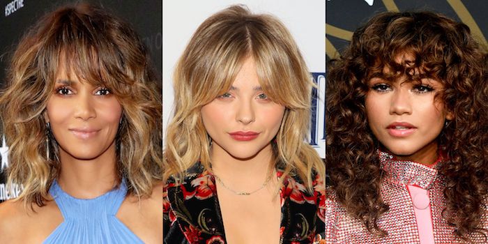 La frange et le dégradé sur cheveux bouclés, trois idées de coiffures différentes couleurs de cheveux, coupe de cheveux femme 2020, modele coiffure femme
