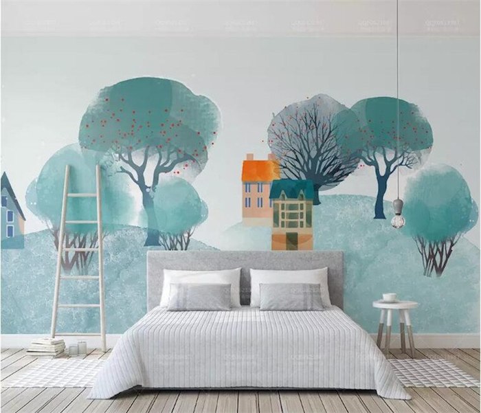 Peinture village avec arbres et maisons, lit double gris, échelle de rangement, couleur chambre adulte, inspiration couleur peinture chambre