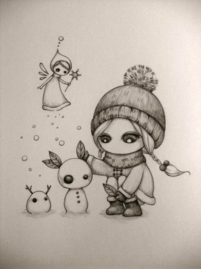 dessin facile de petite file sous la neige dans la compagnie des bonhommes de neige et d'une petite fée volante