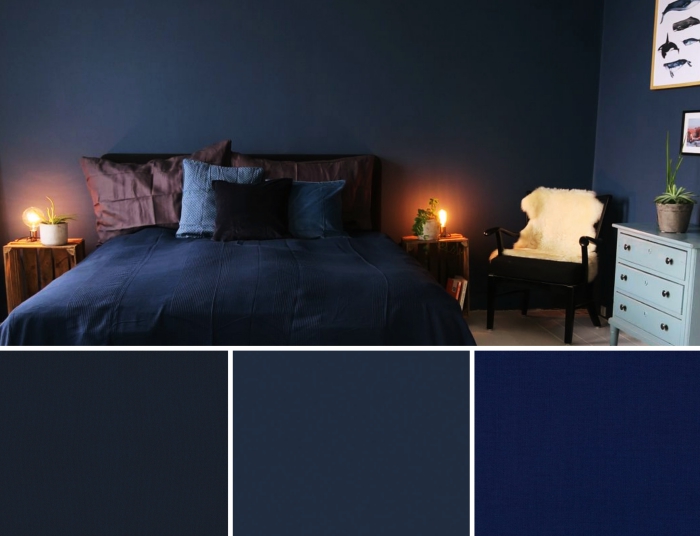 exemple de couleur peinture chambre adulte de nuance bleu foncé, aménagement chambre foncée avec accents en bois