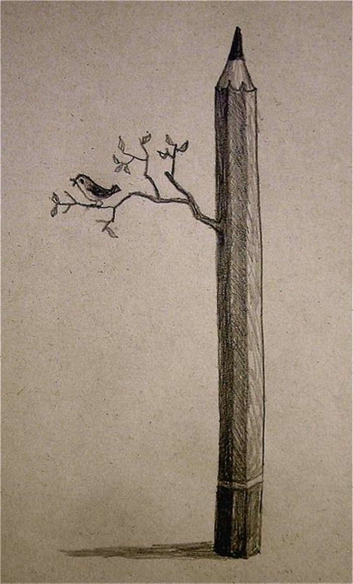 idée de dessin au crayon facile, modèle de dessin féerique avec un crayon en forme d'arbre avec branches et petit oiseau