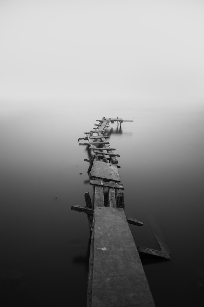 Paysage abandonné noir et blanc, arriere plan en deux couleurs brouillard au bord d'un lac